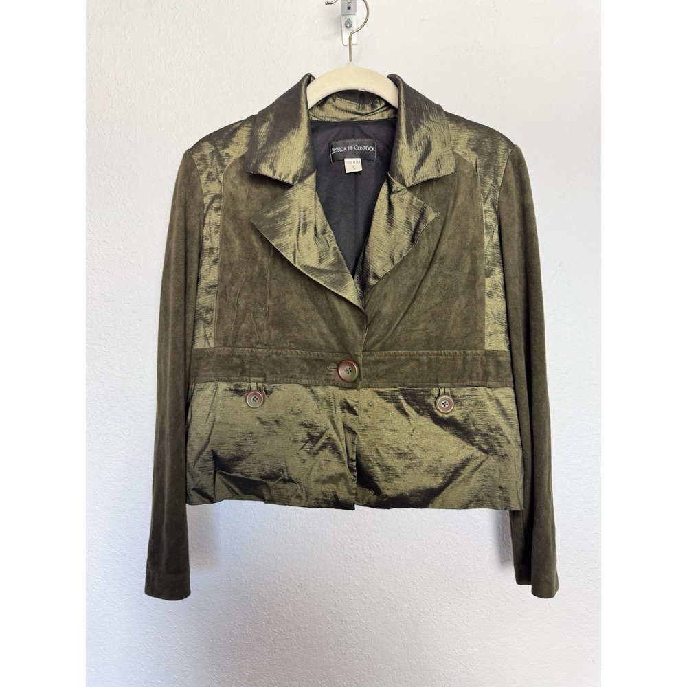 Vintage Jessica McClintock Olive Green Suede‎ Satin Blazer Jacket Size Small USA